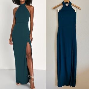 NWOT Remarkable Elegance Teal Backless Halter Column Maxi Dress
